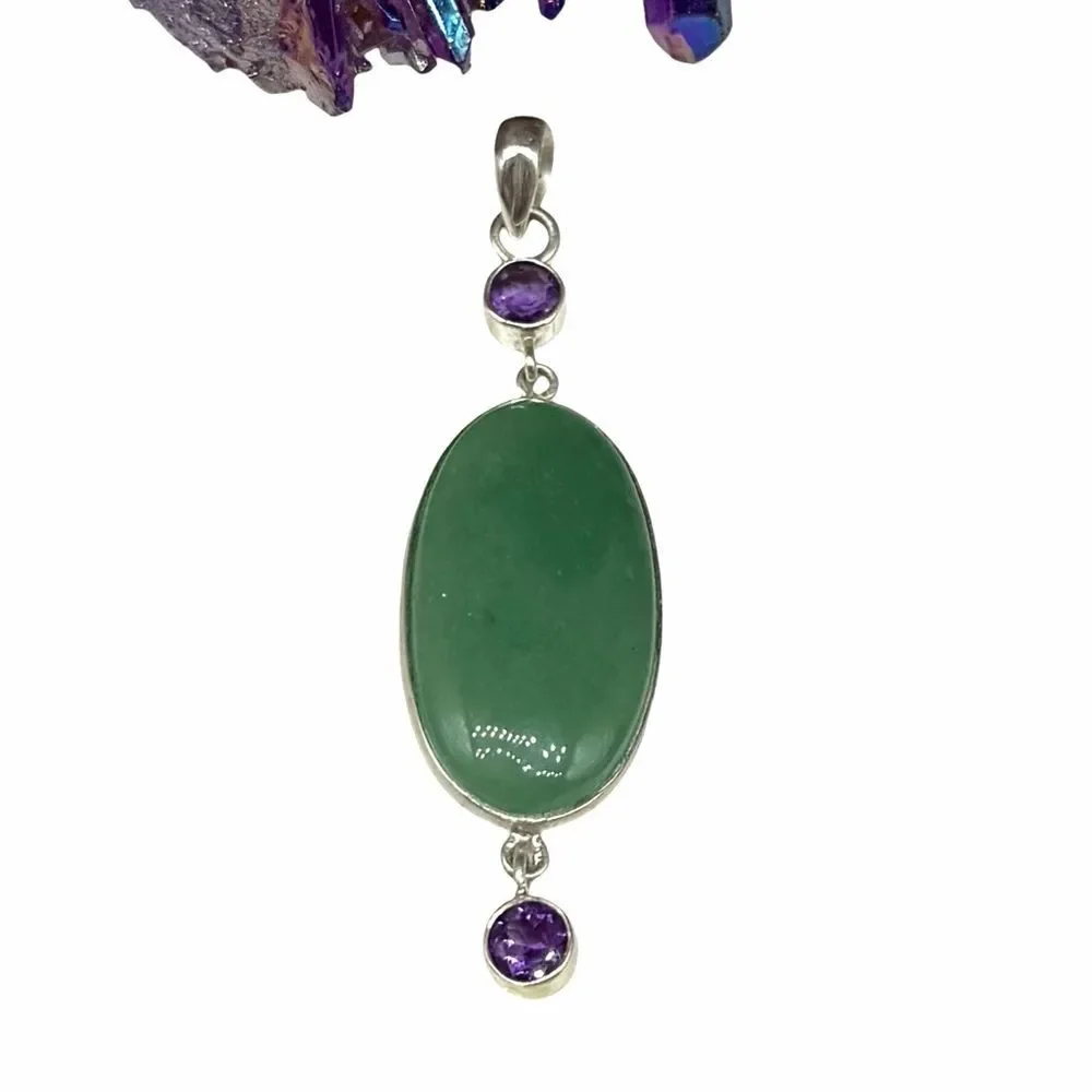 Green Aventurine & Amethyst Necklace Pendant Solid 925 Sterling Silver